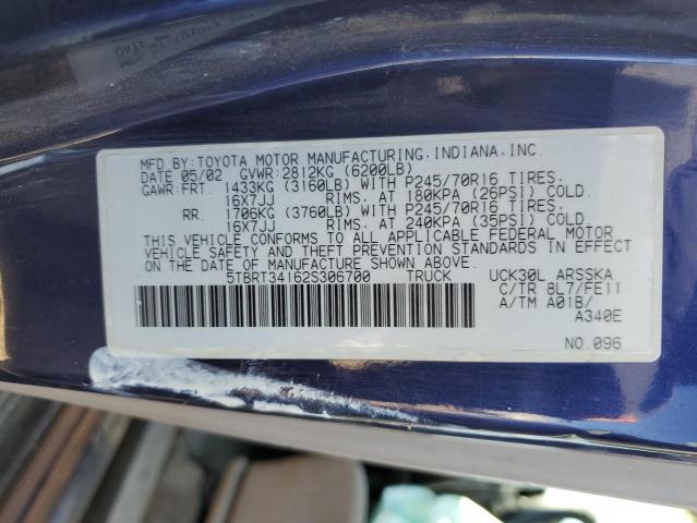 5TBRT34162S306700 - 2002 TOYOTA TUNDRA ACCESS CAB 蓝色 照片 12