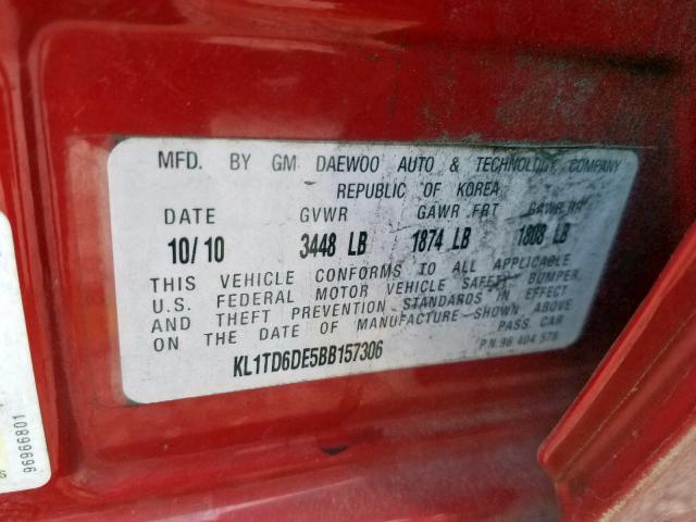 KL1TD6DE5BB157306 - 2011 CHEVROLET AVEO LS 红色 照片 10