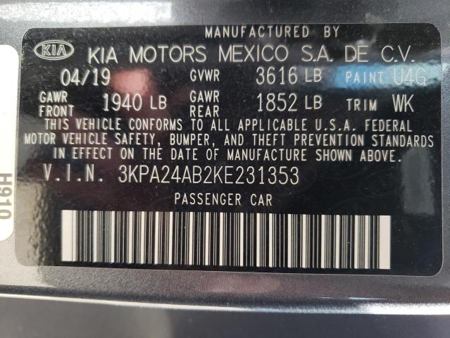 3KPA24AB2KE231353 - 2019 KIA RIO S GRAY photo 12