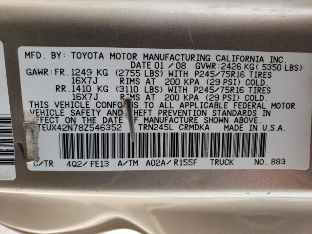 5TEUX42N78Z546352 - 2008 TOYOTA TACOMA ACCESS CAB ოქროსფერი ფოტო 12