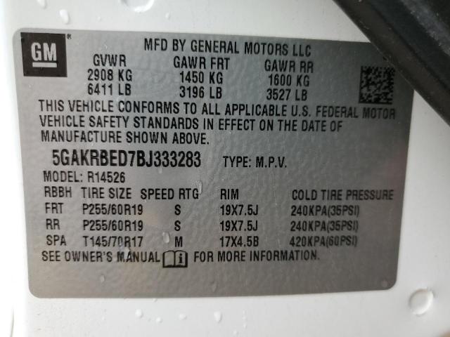 5GAKRBED7BJ333283 - 2011 BUICK ENCLAVE CXL WHITE photo 13