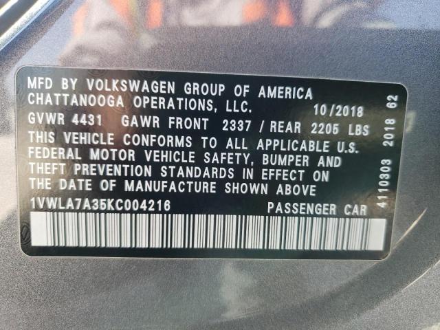 1VWLA7A35KC004216 - 2019 VOLKSWAGEN PASSAT WOLFSBURG 灰色 照片 13