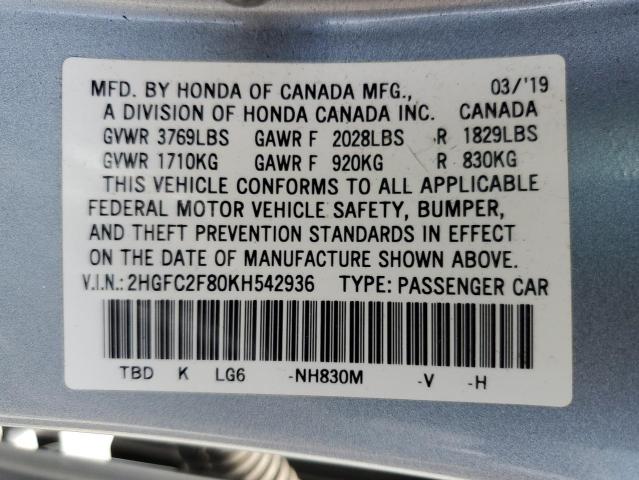 2HGFC2F80KH542936 - 2019 HONDA CIVIC SPORT 银色 照片 13