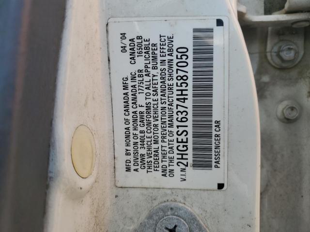 2HGES16374H587050 - 2004 HONDA CIVIC DX VP თეთრი ფოტო 12