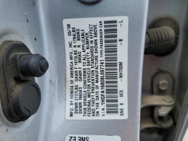 1HGFA16808L097741 - 2008 HONDA CIVIC EX SILVER photo 12