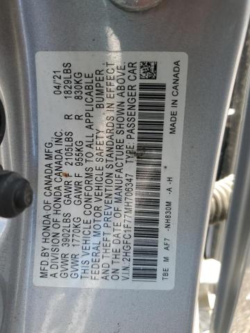 2HGFC1F77MH706347 - 2021 HONDA CIVIC EXL SILVER photo 12