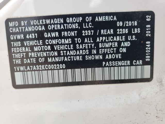 1VWLA7A32KC002200 - 2019 VOLKSWAGEN PASSAT WOLFSBURG WHITE photo 12