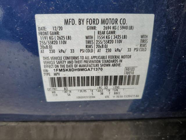 1FMSK8DH9MGA71370 - 2021 FORD EXPLORER XLT BLUE photo 13