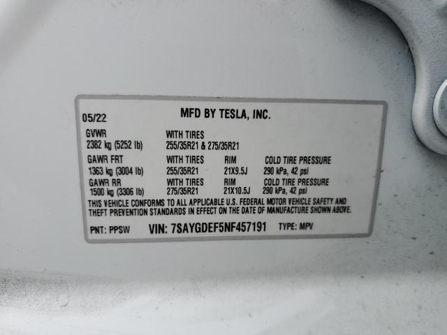 7SAYGDEF5NF457191 - 2022 TESLA MODEL Y WHITE photo 13