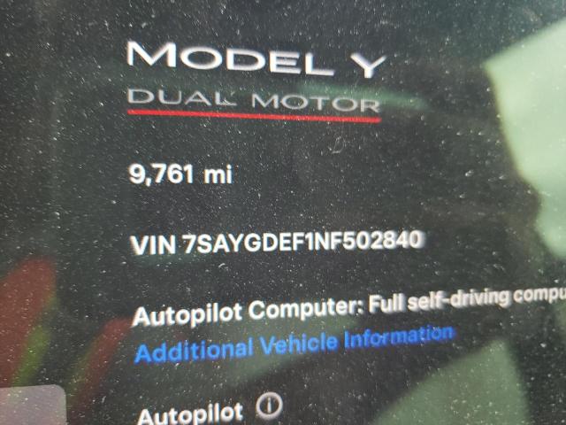 7SAYGDEF1NF502840 - 2022 TESLA MODEL Y BLACK photo 9