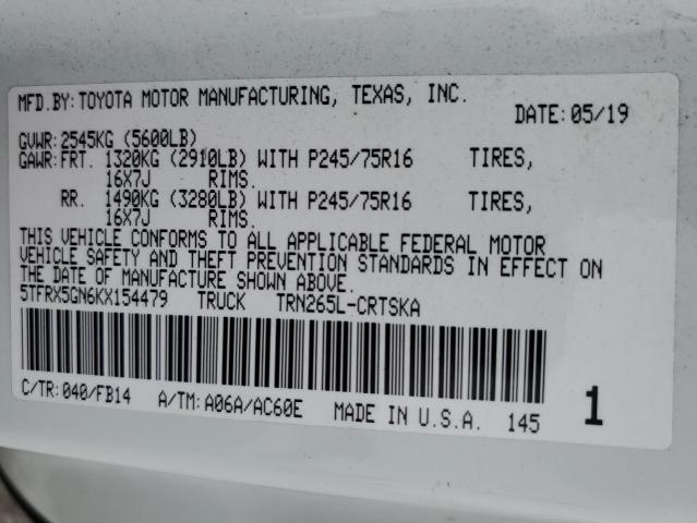 5TFRX5GN6KX154479 - 2019 TOYOTA TACOMA ACCESS CAB WHITE photo 12