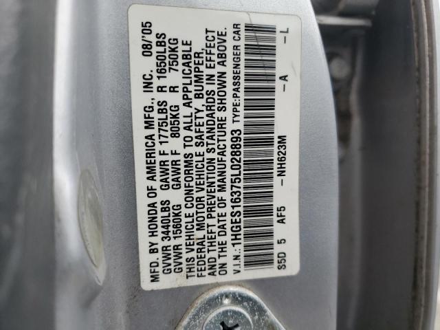 1HGES16375L028893 - 2005 HONDA CIVIC DX VP SILVER photo 12