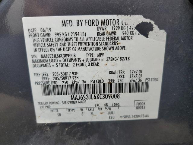 MAJ6S3JL6KC309008 - 2019 FORD ECOSPORT SES GRAY photo 12