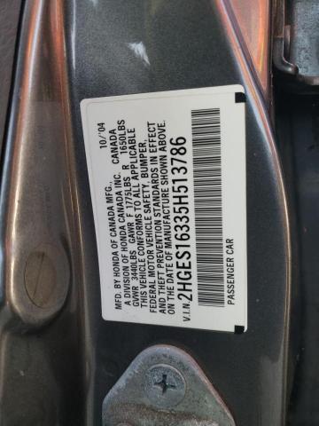 2HGES16335H513786 - 2005 HONDA CIVIC DX VP ნაცრისფერი ფოტო 12