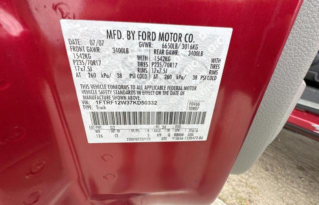 1FTRF12W37KD50332 - 2007 FORD F150 RED photo 10