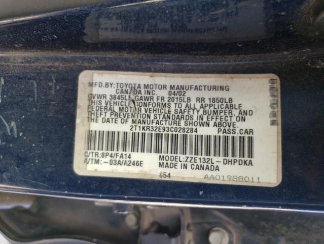 2T1KR32E93C028284 - 2003 TOYOTA MATRIX XR Niebieski zdjęcie 12