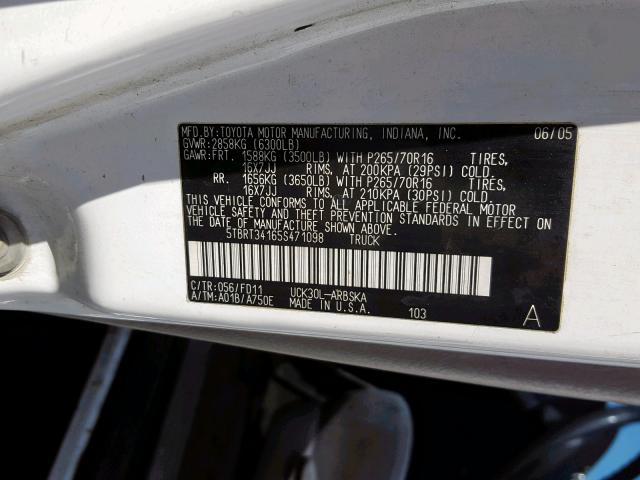 5TBRT34165S471098 - 2005 TOYOTA TUNDRA ACCESS CAB SR5  photo 10