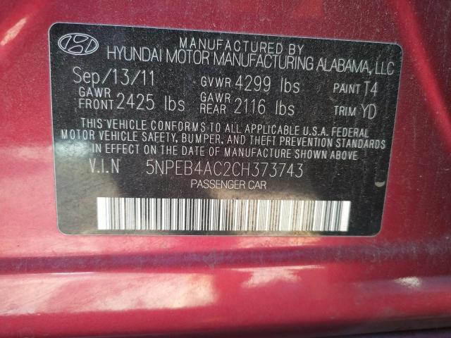 5NPEB4AC2CH373743 - 2012 HYUNDAI SONATA GLS BURGUNDY photo 12