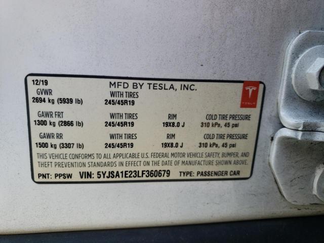 5YJSA1E23LF360679 - 2020 TESLA MODEL S Սպիտակ լուսանկար 12