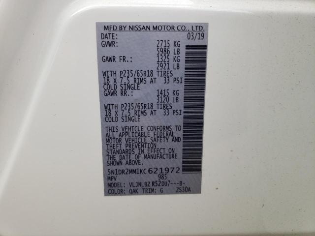 5N1DR2MM1KC621972 - 2019 NISSAN PATHFINDER S WHITE photo 14