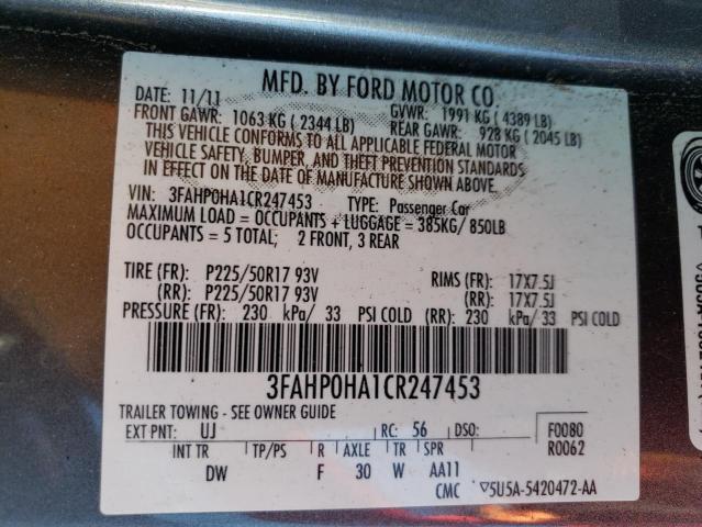 3FAHP0HA1CR247453 - 2012 FORD FUSION SE GRAY photo 12