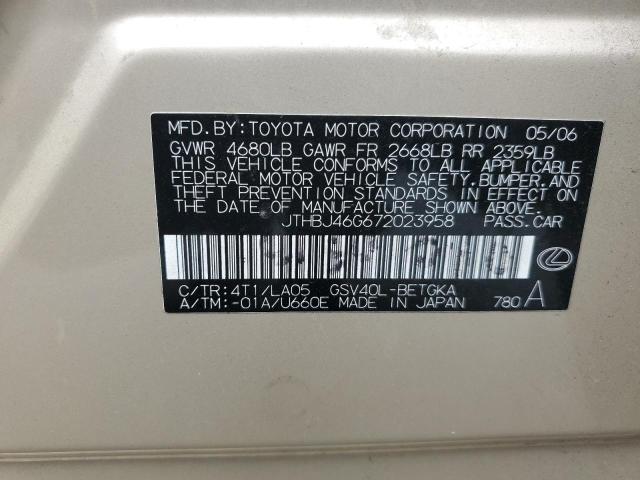 JTHBJ46G672023958 - 2007 LEXUS ES 350 TAN photo 12