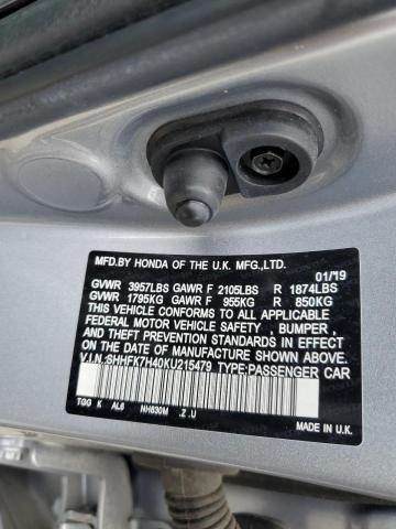 SHHFK7H40KU215479 - 2019 HONDA CIVIC SPORT 银色 照片 12