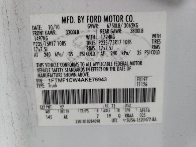 1FTMF1CW4AKE76943 - 2010 FORD F150 WHITE photo 12