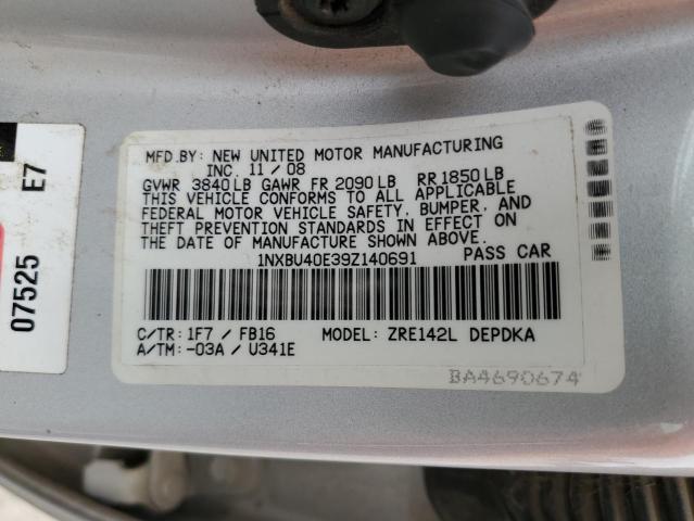 1NXBU40E39Z140691 - 2009 TOYOTA COROLLA LE BASE SILVER photo 12