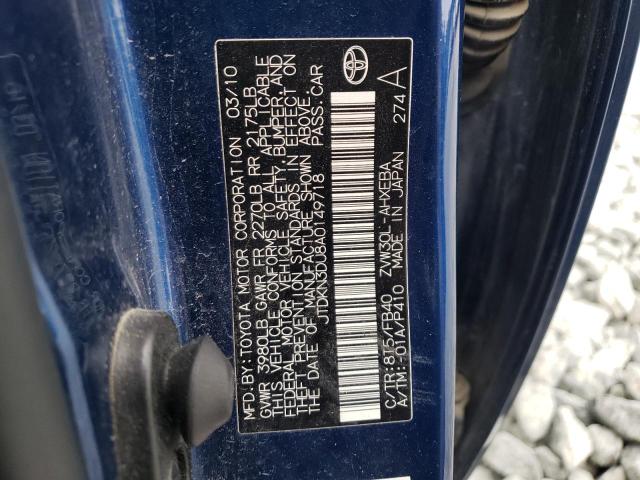 JTDKN3DU8A0149718 - 2010 TOYOTA PRIUS BLUE photo 12