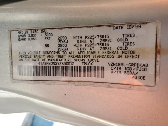 4TASN92N3YZ590012 - 2000 TOYOTA TACOMA XTRACAB PRERUNNER 银色 照片 12