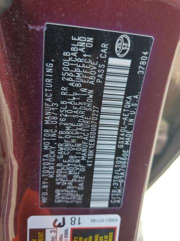4T1BK1EB6DU070227 - 2013 TOYOTA AVALON BASE BURGUNDY photo 12