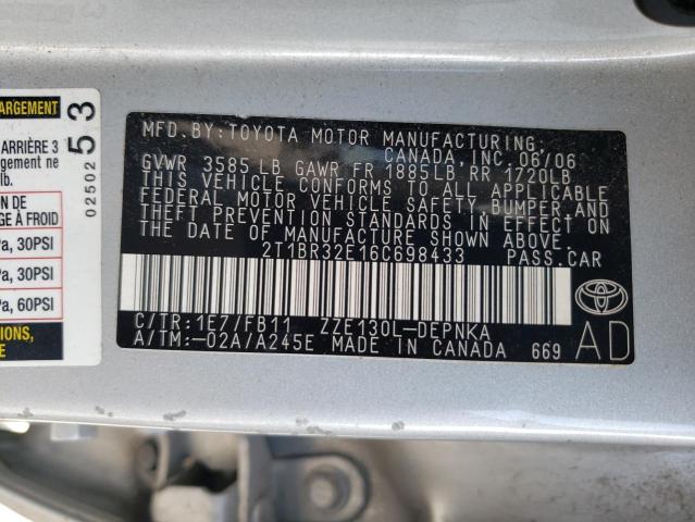 2T1BR32E16C698433 - 2006 TOYOTA COROLLA CE SILVER photo 12