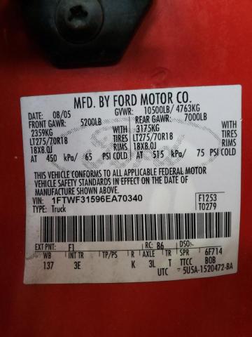 1FTWF31596EA70340 - 2006 FORD F350 SRW SUPER DUTY RED photo 10