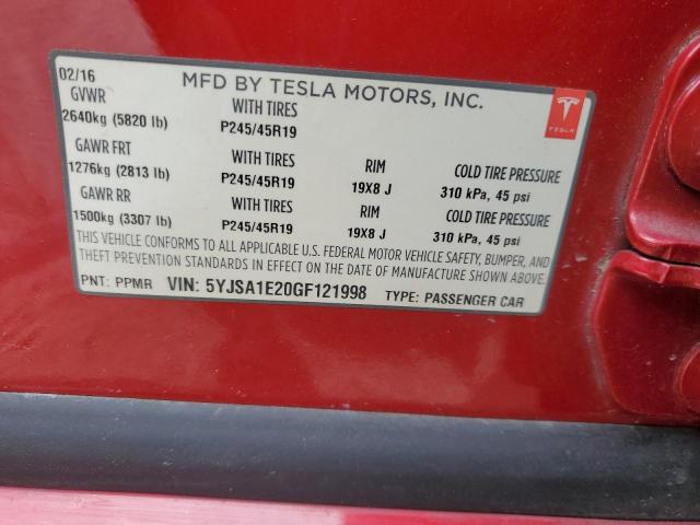 5YJSA1E20GF121998 - 2016 TESLA MODEL S Qırmızı foto 12