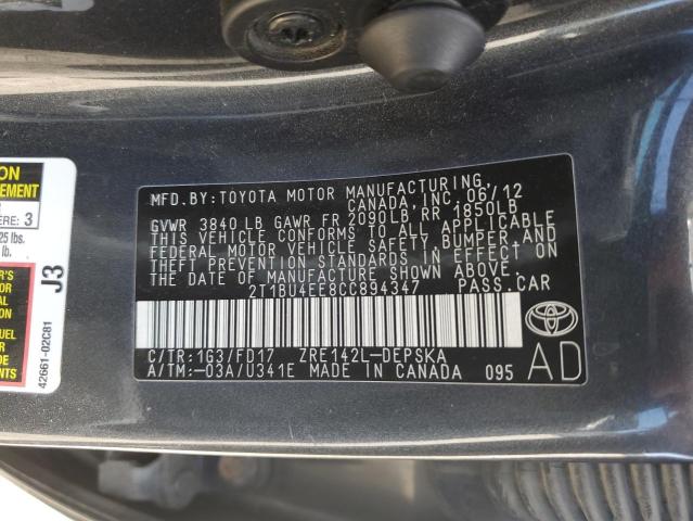 2T1BU4EE8CC894347 - 2012 TOYOTA COROLLA BASE GRAY photo 12