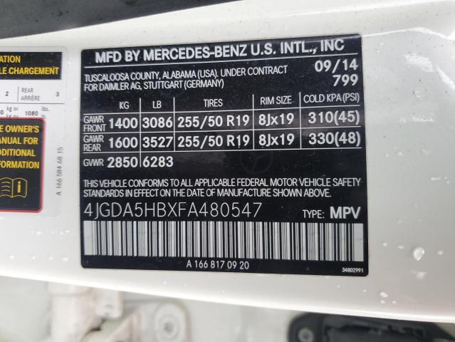 4JGDA5HBXFA480547 - 2015 MERCEDES-BENZ ML 350 4MATIC WHITE photo 13