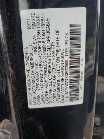 5FPYK3F7XNB002065 - 2022 HONDA RIDGELINE RTL შავი ფოტო 12