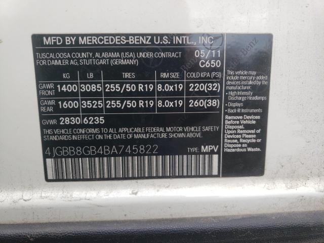 4JGBB8GB4BA745822 - 2011 MERCEDES-BENZ ML 350 4MATIC WHITE photo 12
