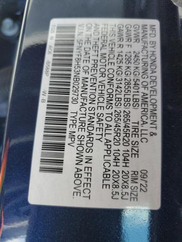 5FNYF8H53NB029730 - 2022 HONDA PASSPORT EXL أزرق صورة 13