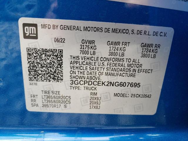 3GCPDCEK2NG607695 - 2022 CHEVROLET SILVERADO K1500 TRAIL BOSS CUSTOM BLUE photo 12