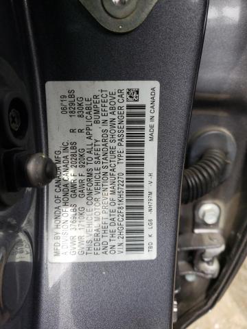 2HGFC2F81KH572270 - 2019 HONDA CIVIC SPORT შავი ფოტო 12