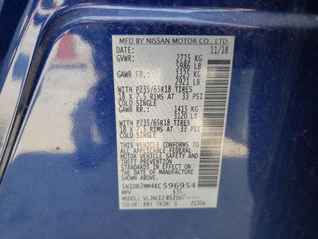 5N1DR2MM4KC596954 - 2019 NISSAN PATHFINDER S BLUE photo 12