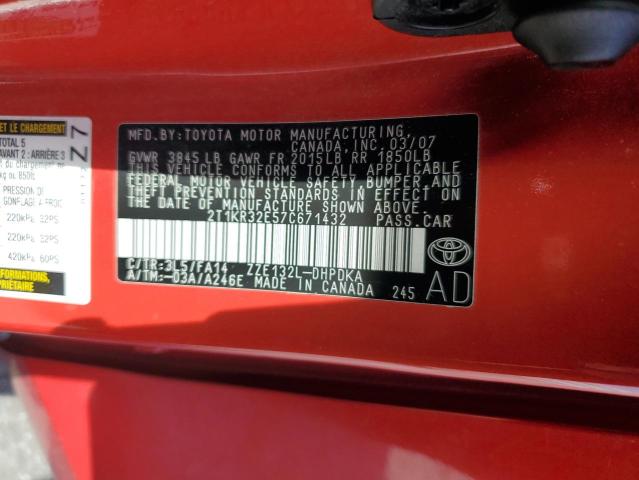 2T1KR32E57C671432 - 2007 TOYOTA COROLLA MA XR RED photo 13