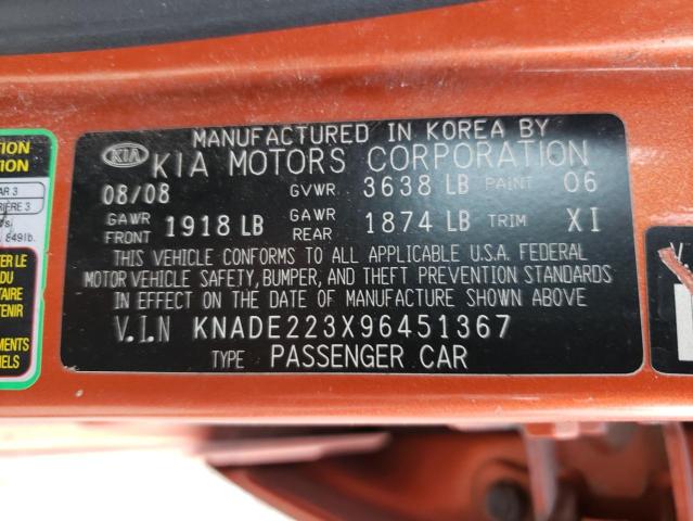 KNADE223X96451367 - 2009 KIA RIO BASE ORANGE photo 12