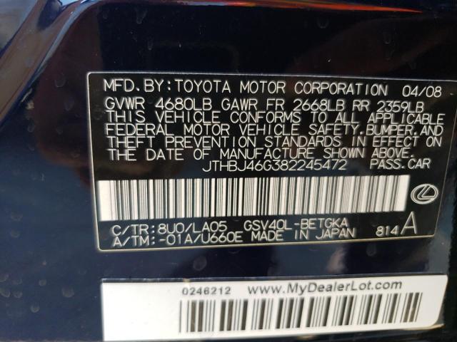 JTHBJ46G382245472 - 2008 LEXUS ES 350 BLACK photo 12