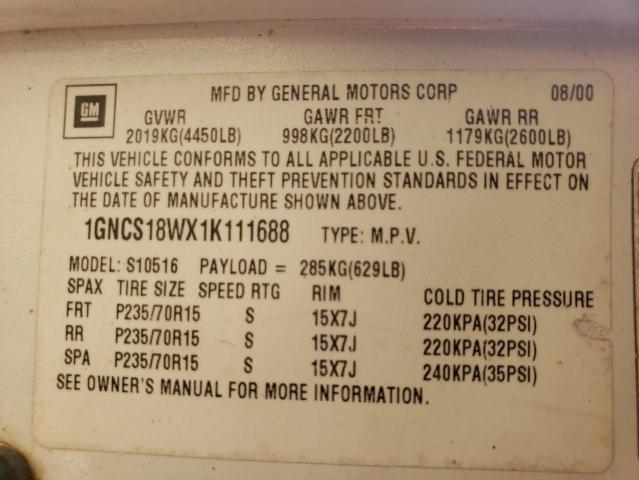 1GNCS18WX1K111688 - 2001 CHEVROLET BLAZER WHITE photo 12