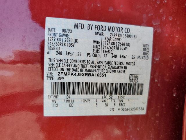 2FMPK4J9XRBA16551 - 2024 FORD EDGE SEL RED photo 12