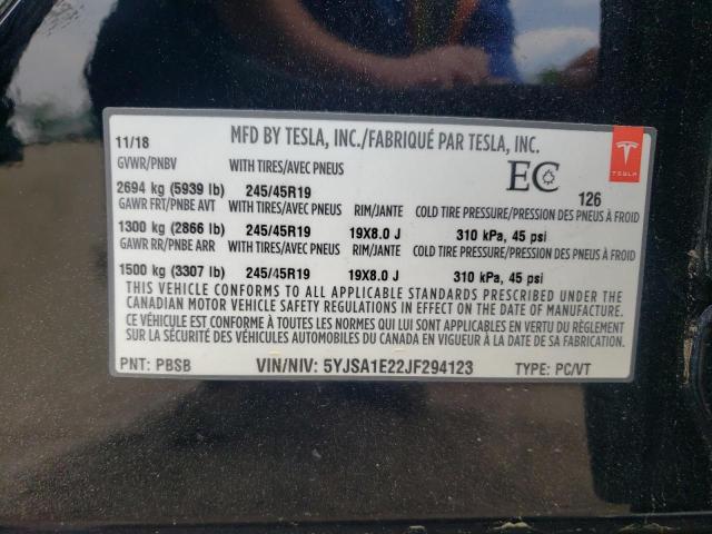 5YJSA1E22JF294123 - 2018 TESLA MODEL S შავი ფოტო 13