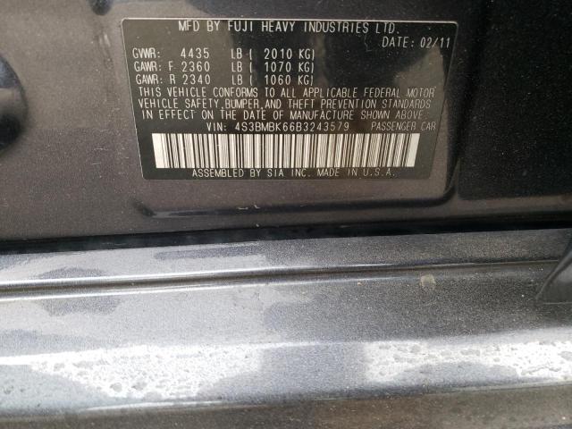 4S3BMBK66B3243579 - 2011 SUBARU LEGACY 2.5I LIMITED GRAY photo 10